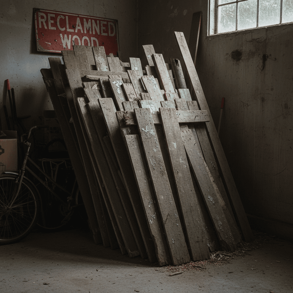 Stack of old wooden fence boards and lumber in a garage