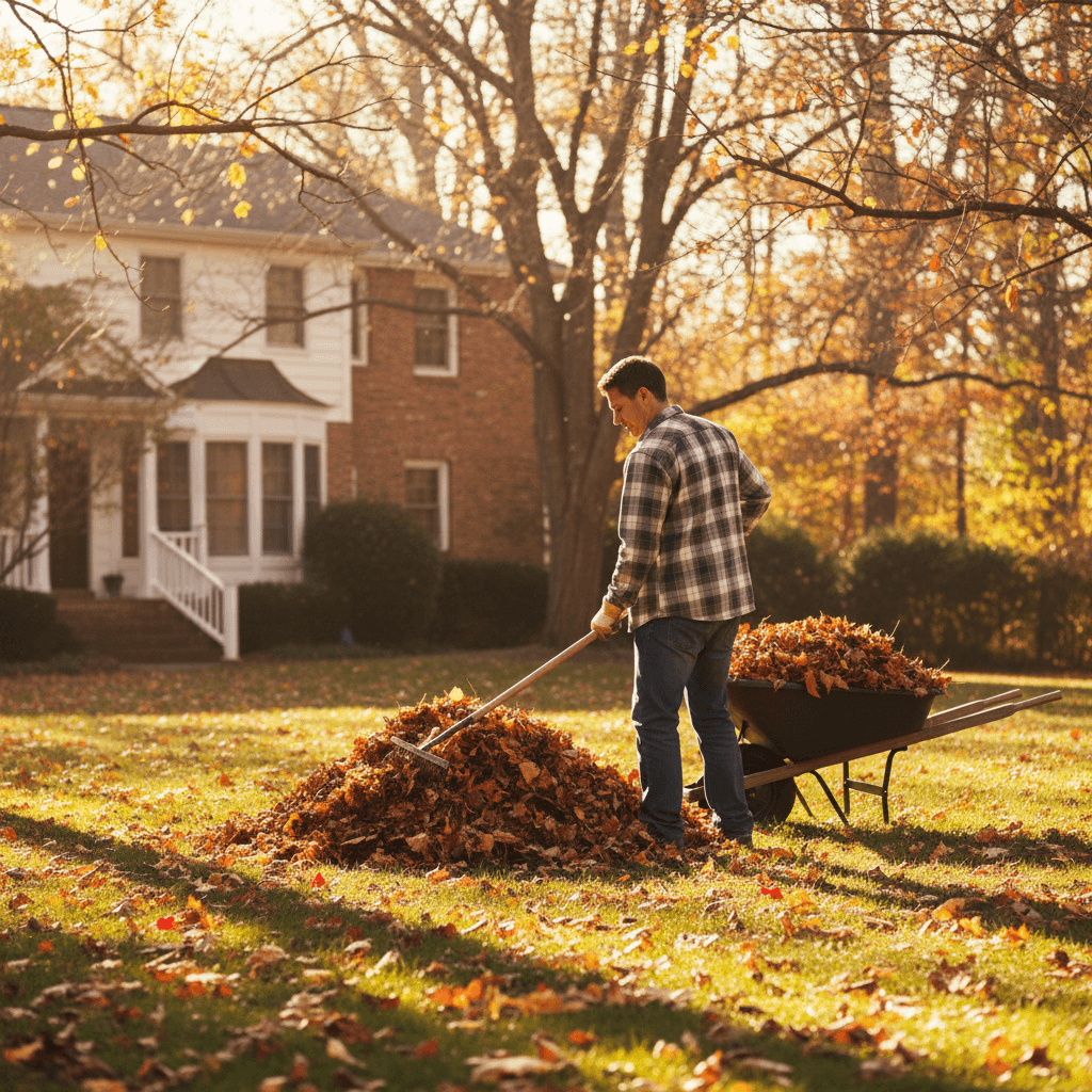 Raking autumn leaves into a pile in a sunny backyard