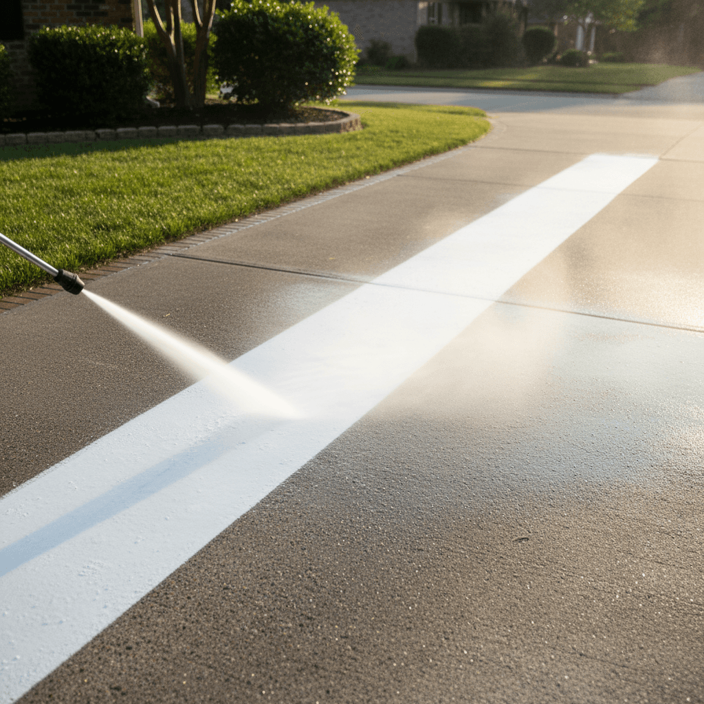 Pressure washing wand cleaning a concrete driveway with visible dirt being washed away