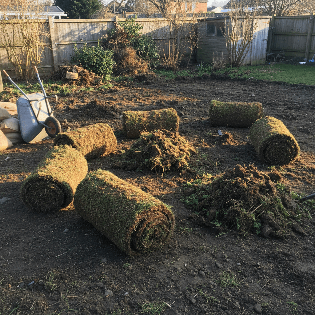 Rolled up old sod and dirt piles ready for removal in garden