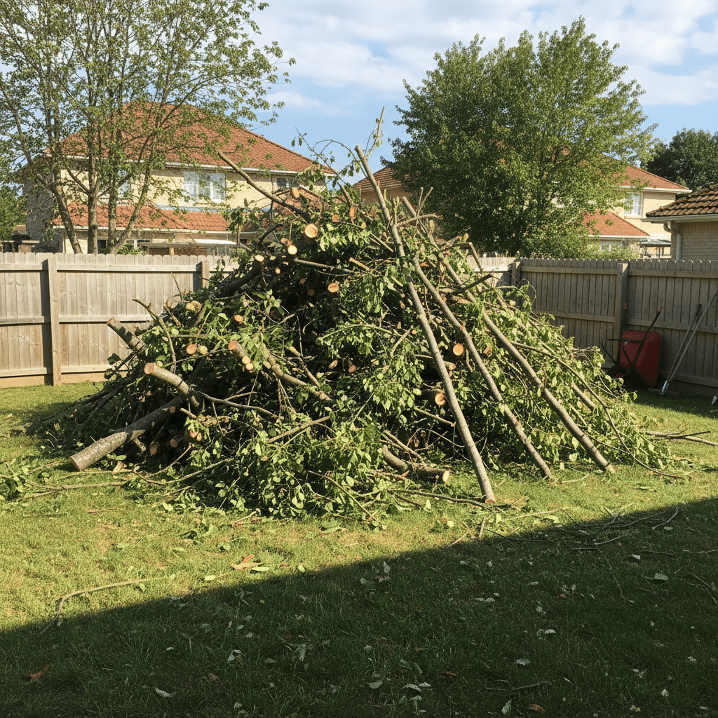 Pile of trimmed tree branches and limbs in a residential backyard