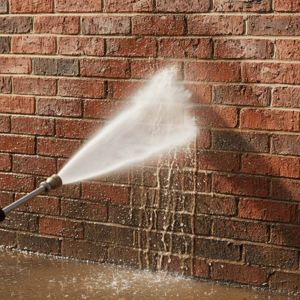 Pressure washer spraying a brick wall with high-pressure water