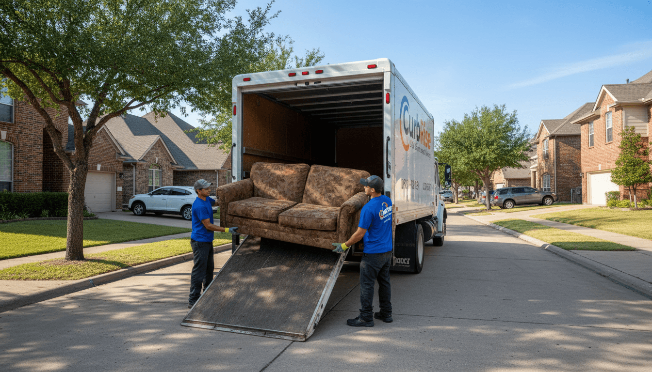 Workers loading an old couch into a junk removal truck on a residential Fort Worth street