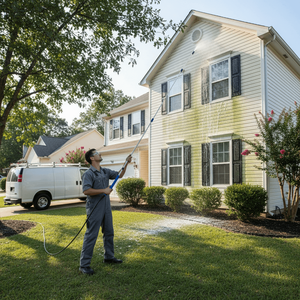 Technician soft washing a house siding with low-pressure spray wand and cleaning solution