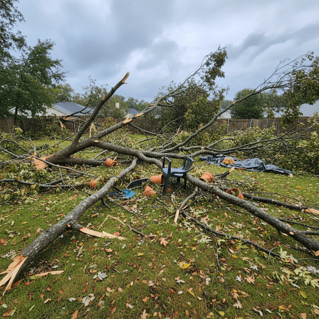 Torn branches and debris scattered across a lawn after a storm