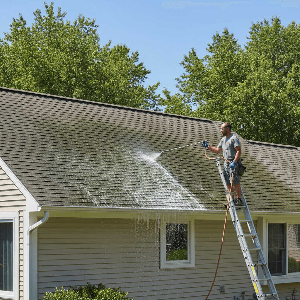 Technician on a ladder soft washing a roof with dark algae streaks on shingles