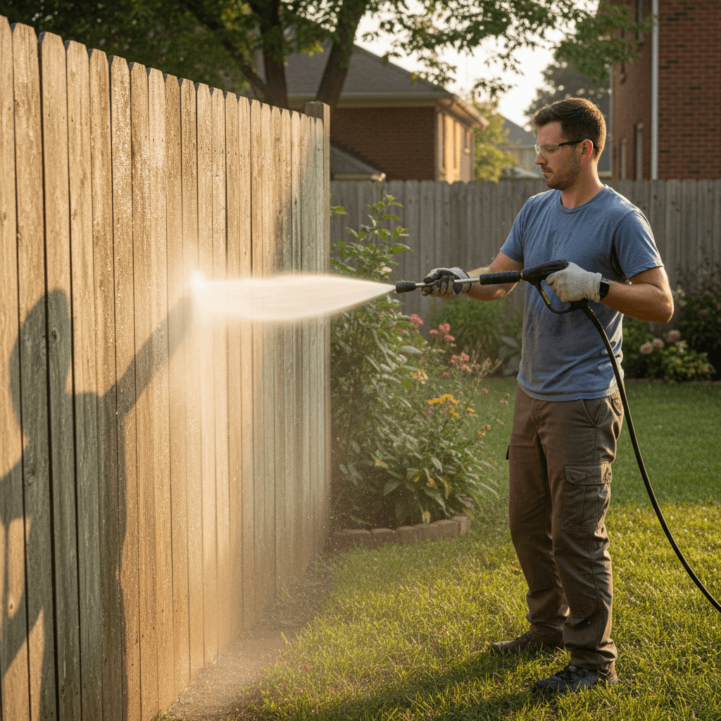 Technician pressure washing a wooden fence in a residential backyard