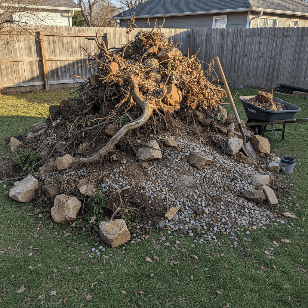 Landscaping waste pile with rocks roots and gravel in yard